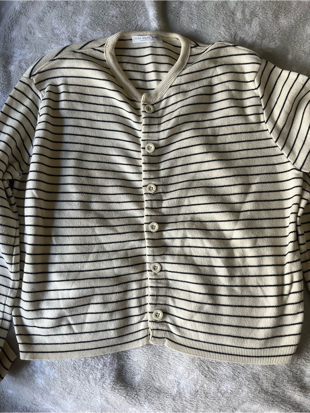 Joan Vass Cream and Black Striped Knit Cardigan Sweater